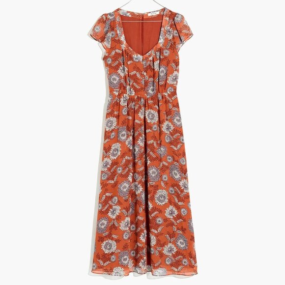 Madewell Button Front Midi Dress Womens 2 Orange Floral Sheer Short Sleeve Long - Picture 1 of 14